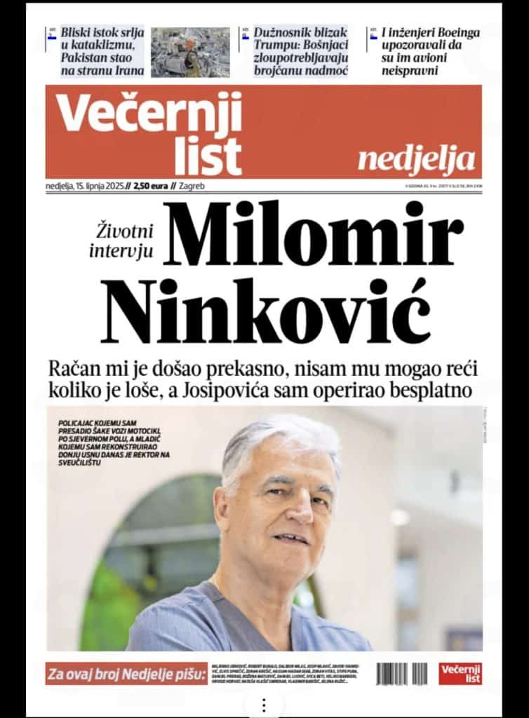 Naslovnica novina 'Večernji list' s naslovom životnog intervjua s Milomirom Ninkovićem i njegovom fotografijom.