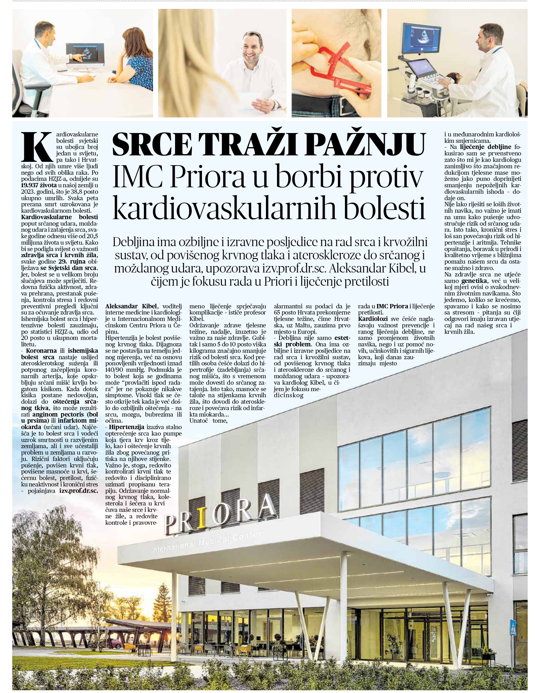 Novinski članak s naslovom „SRCE TRAŽI PAŽNJU” o naporima IMC Priora u borbi protiv kardiovaskularnih bolesti, uz fotografije liječnika, medicinske opreme i moderne zgrade centra.