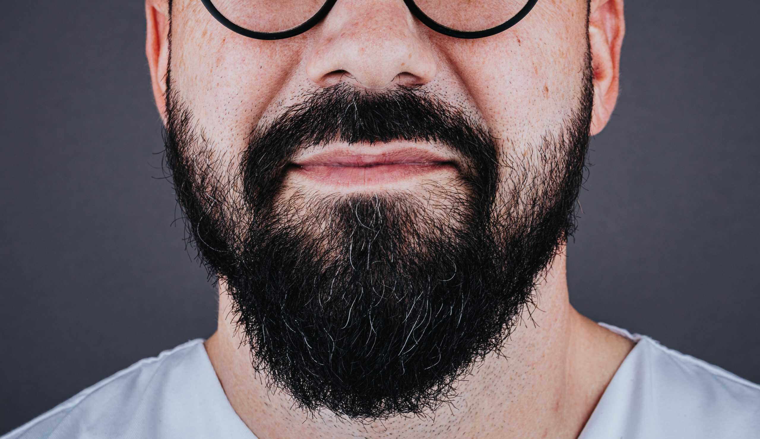 Close-up of the lower face of a person with round glasses and a thick dark beard with a few gray strands, lips closed in a slight smile against a dark background.