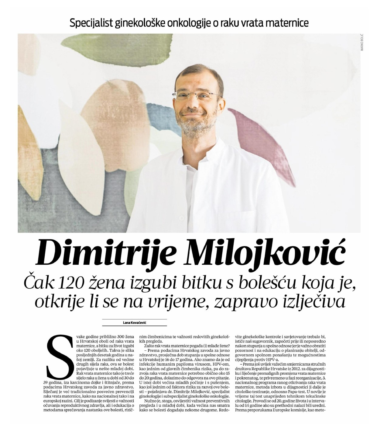 Feature page showing a gynecologic oncology specialist in a white coat; article on cervical cancer and early detection.