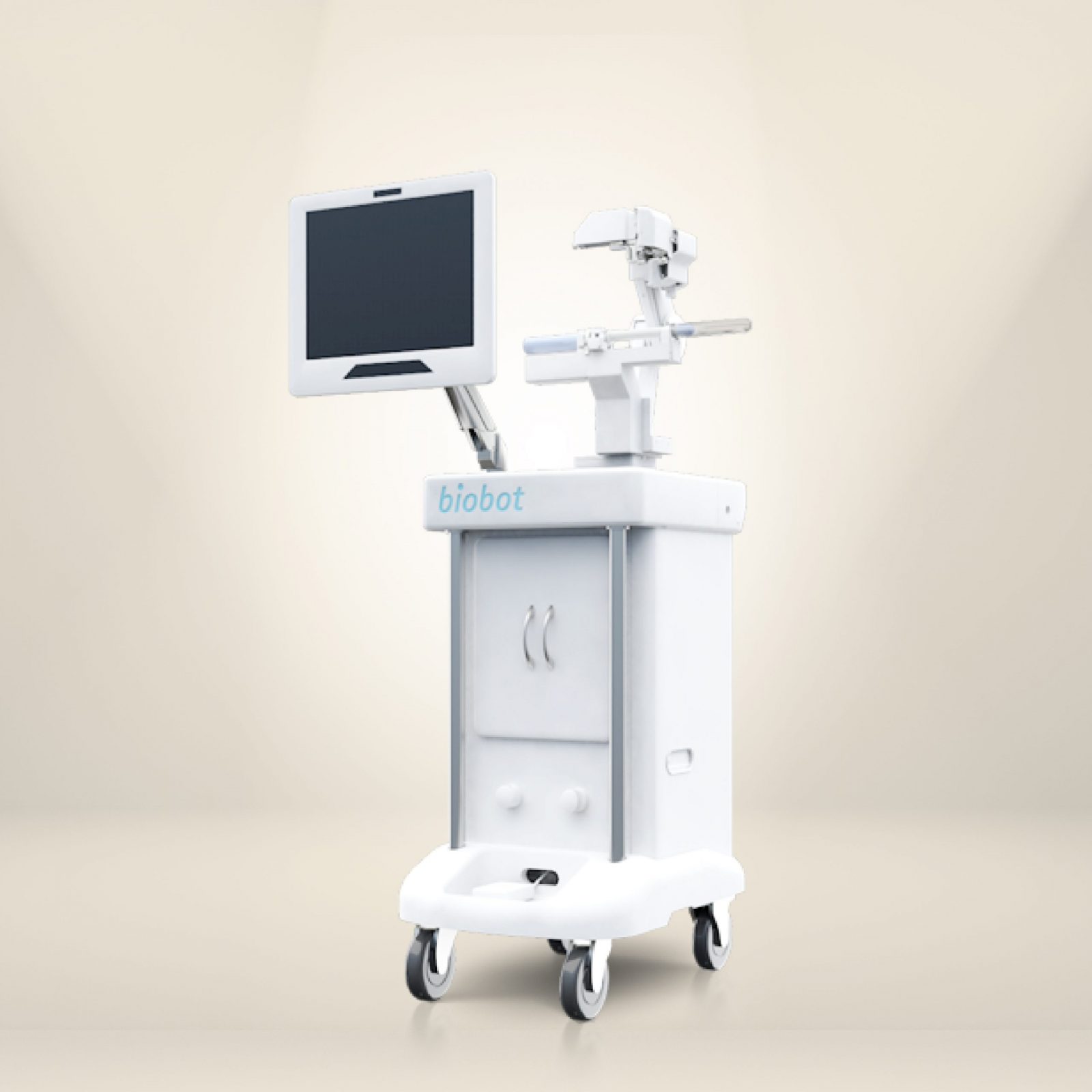 Medicinski uređaj pod nazivom "biobot" s integriranim monitorom na stalku s kotačima, smješten u svijetlu prostoriju.