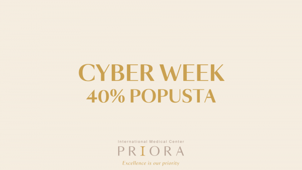 Promotivni oglas s tekstom "Cyber Week 40% Popusta" i nazivom "International Medical Center Priora" s logotipom, na bež pozadini.