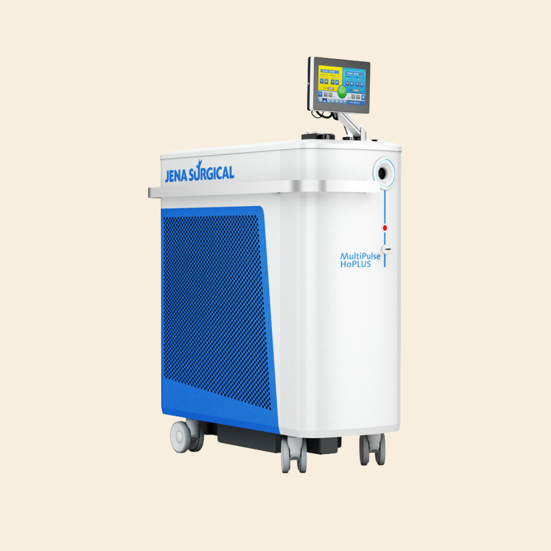 Medicinski laserski uređaj JENA SURGICAL s monitorom na vrhu i plavim akcentima na bijelom kućištu.