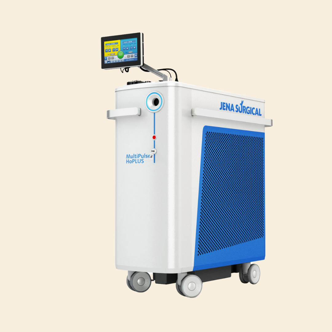 Medicinski uređaj MultiPulse HoPLUS tvrtke Jena Surgical s kotačićima i zaslonom na vrhu.