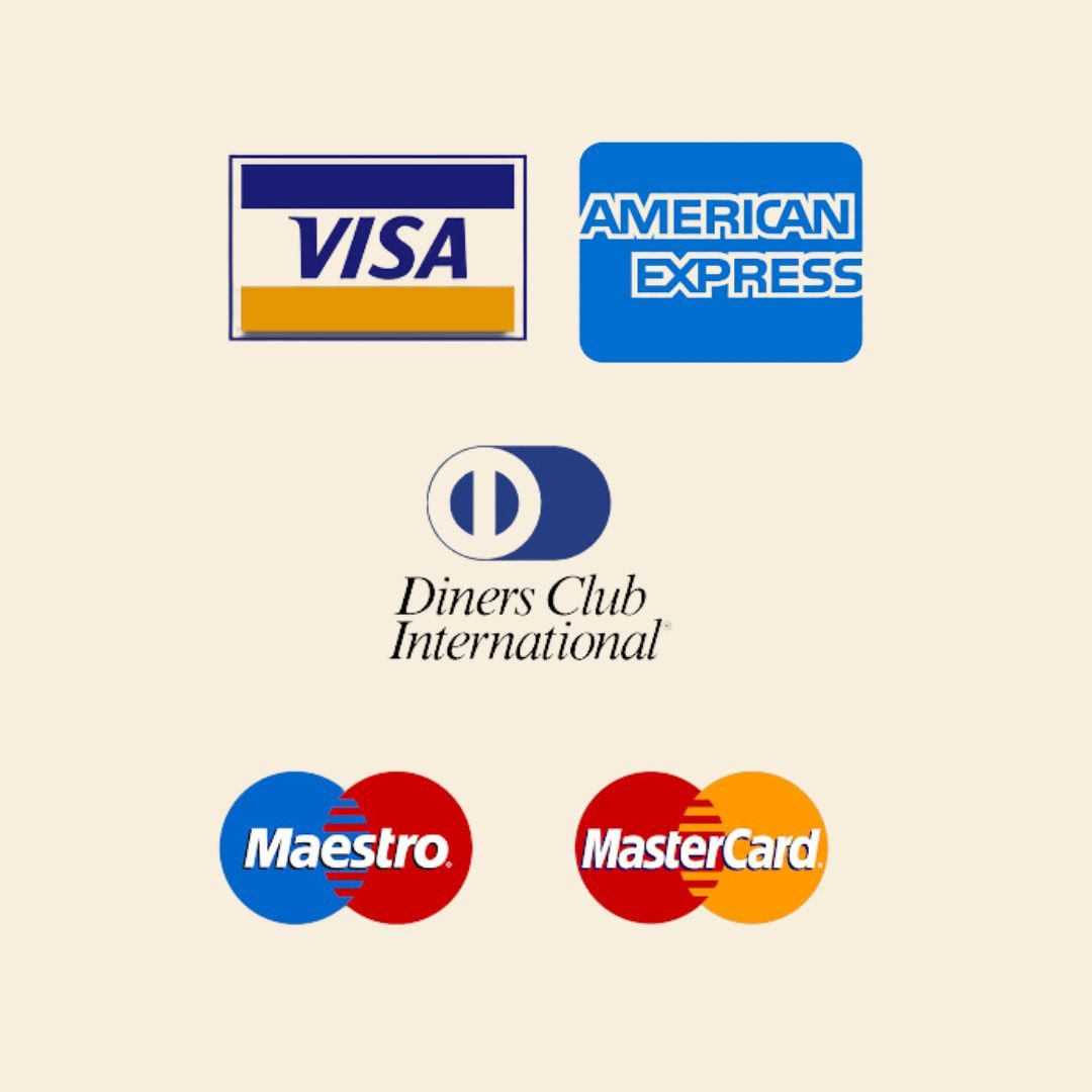 Logotipi kreditnih kartica uključujući Visa, American Express, Diners Club International, Maestro i MasterCard na bež pozadini.