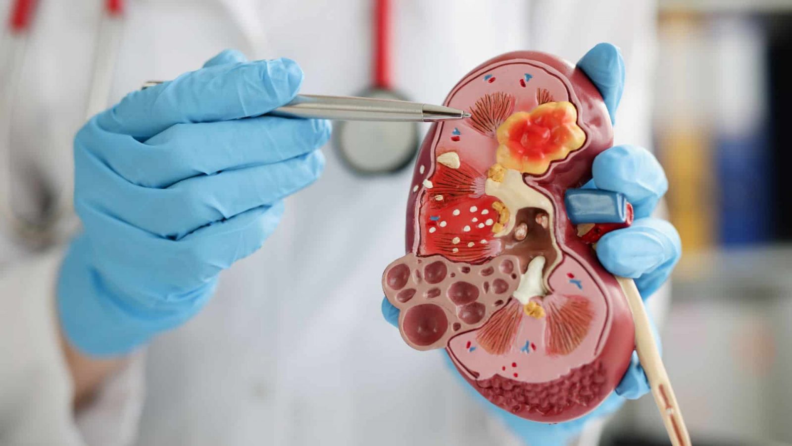 Close-up of a gloved clinician holding a cross-section kidney model and pointing with a pen at a tumor-like growth, with a stethoscope blurred in the background.