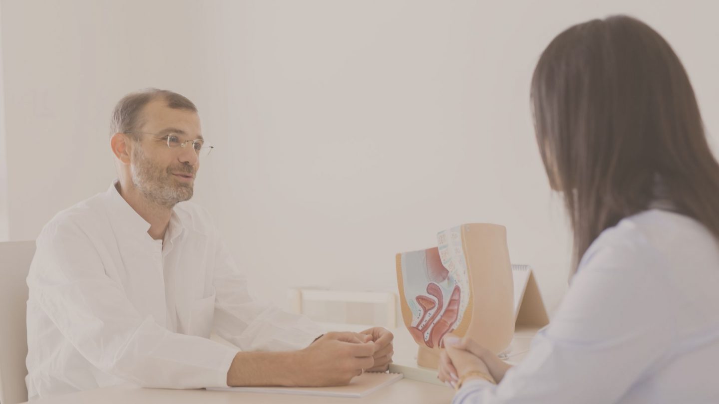 Clinician and patient discuss a uterus and pelvic anatomy model in a bright medical office.